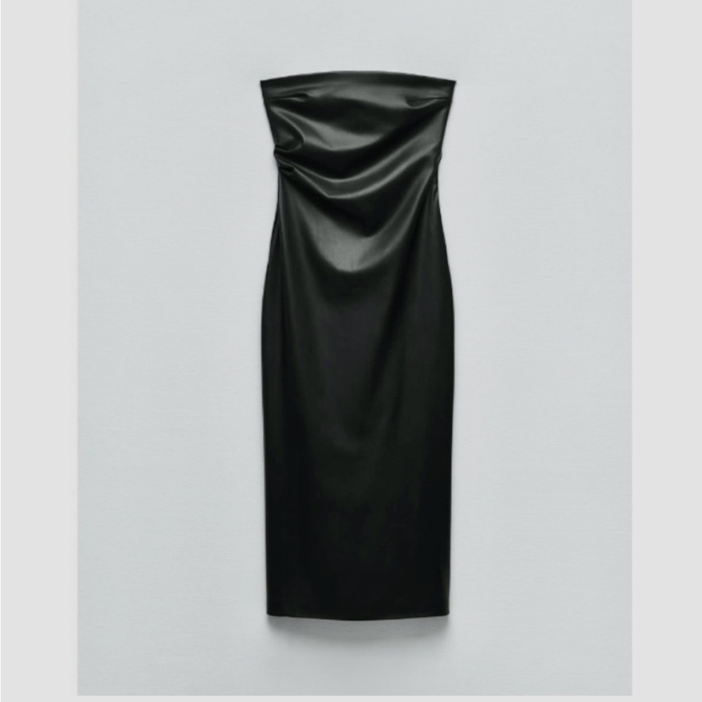 NWT Zara Brown Faux Leather Strapless Midi Dress Women's Size Large